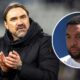 Leeds United manager Daniel Farke, Troy Deeney in a circular insert.