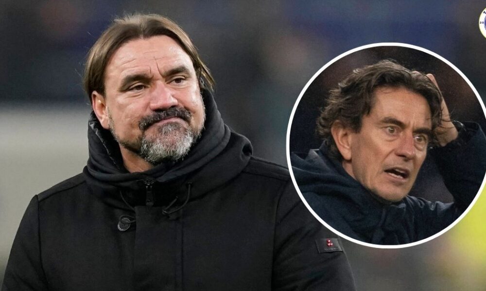 Leeds United manager Daniel Farke, Thomas Frank in a circular insert.